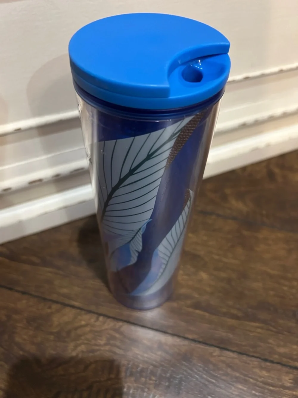 Starbucks Blue Travel Tumbler with Leaf Design and Green Logo
